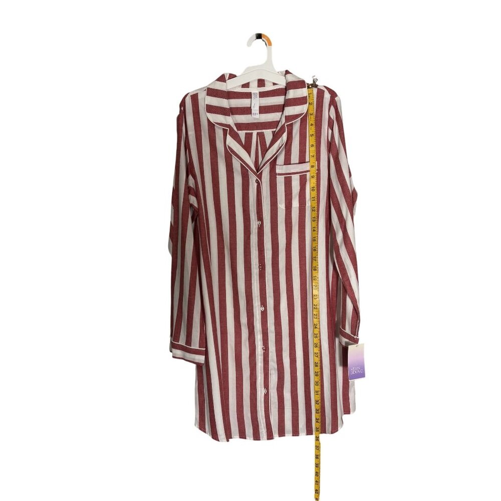 Red & White Striped Button-Down Nightshirt By Stars Above Long Sleeves Flannel M - Picture 8 of 10